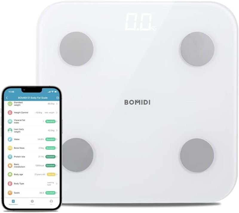 مقياس وزن الدهون في الجسم الذكي من Bomidi S1، شاشة LED، بلوتوث 4 0، تطبيق ذكي لتكوين الجسم باللون الأبيض
